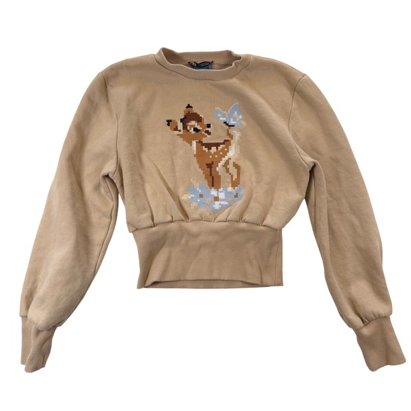 Zara Tops - Zara Disney Classics Bambi Sweatshirt Tan Cropped Ribbed Waistband Women Small